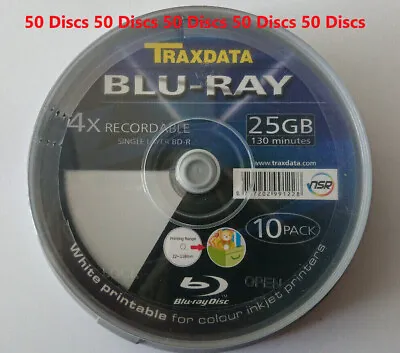 £35.98 • Buy 50 X Traxdata Inkjet Printable FF Blu Ray Discs 4x Recordable BDR 25GB 4X BD-R