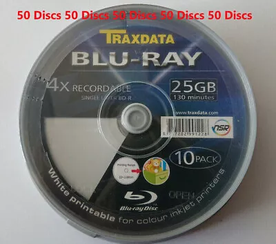 50 X Traxdata Inkjet Printable FF Blu Ray Discs 4x Recordable BDR 25GB 4X BD-R • £38.98