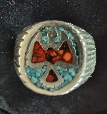 NATIVE AMERICAN OLD 925 Silver Turquoise Coral Thunderbird Ring Mens SZ 11  • $119.95