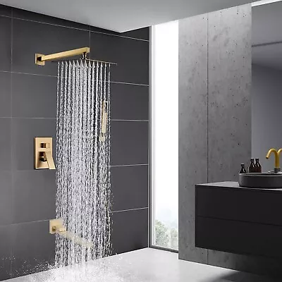 Gold Concealed Shower Mixer 3-Way Valve 12in Square Shower Head Shower Taps Set • £115