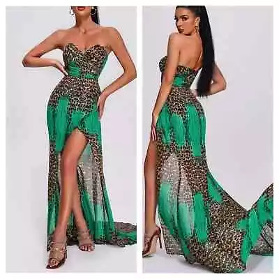 Bella Barnett Leopard Strapless High Slit Maxi Dress - Green New With Tags • $68
