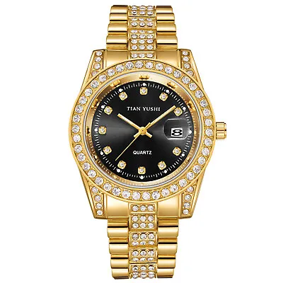 Hot Men Hip Hop Iced Black Dial Gold PT Migos Bling BIG Simulated Diamond Watch • £28.79