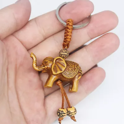 Lucky Wooden Elephant Carving Pendant Keychain Auto Key Ring Evil Defends Gift • $3.73