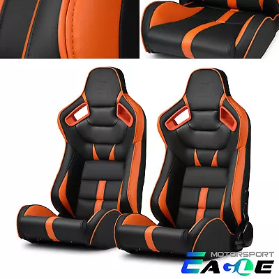 Universal PVC Leather Reclinable Black-Orange Racing Seats Pair VIPER-Series • $342.98