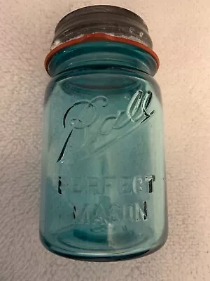 Vintage 1913-1923 Pint Aqua Blue Ball Perfect Mason Fruit Canning Jar W/Zinc Lid • $6