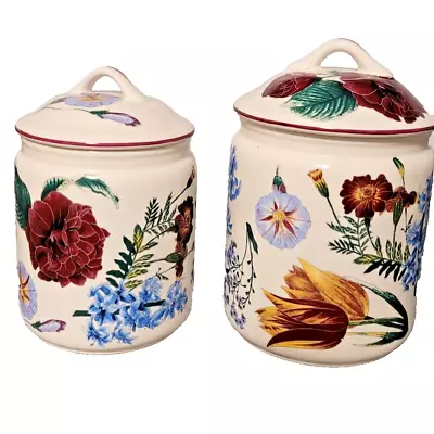 Vintage Japan Set Of 2 Sealed Canisters Floral Burgundy Blue White Coffee Tea • $34.99