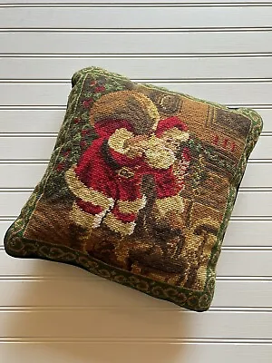 $40 • Buy VTG Christmas Wool Needlepoint Pillow Santa Fireplace Green Velvet 13” Elegant!