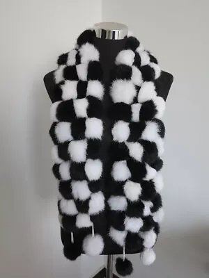 100% Real Rabbit Fur Pom Poms Scarf/ Cape/ Wrap Black/white Shawl Neck Collars • $16.99