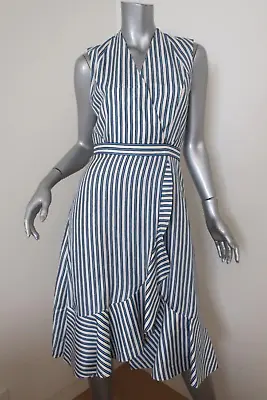 $149 • Buy Carven Dress Blue/White Striped Silk Twill Size 36 Sleeveless Ruffled Faux-Wrap