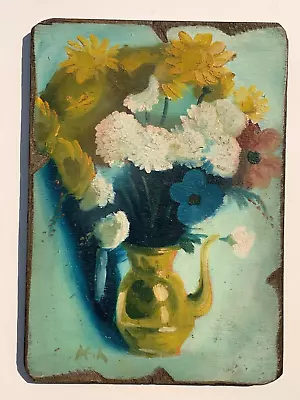 $20 • Buy Old Antique  Naive Americana Oil Painting Golden Pitcher With Flowers Signed