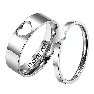 2pcs Matching Heart Titanium Steel I Love You Couple Rings Wedding Band #6-11 • $15.99