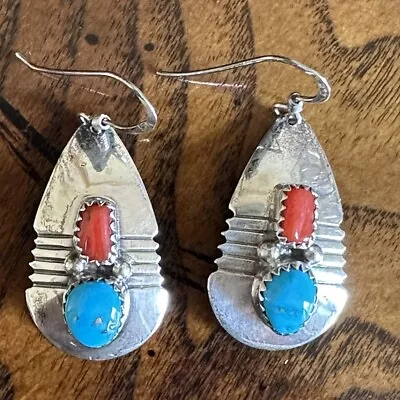 Vintage Navajo Native American Earrings Turquoise Coral Cabochon Sterling Silver • $85