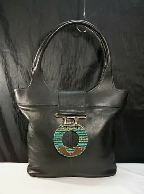 Mario Hernandez Handmade Black Premium Leather & Round Stone Accent Tote Bag • $59.95