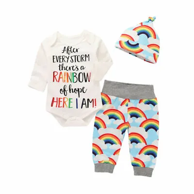 £8.49 • Buy Newborn Baby Girl Boy Rainbow Romper Tops Jumpsuit Pants Hat Outfits Clothes Set