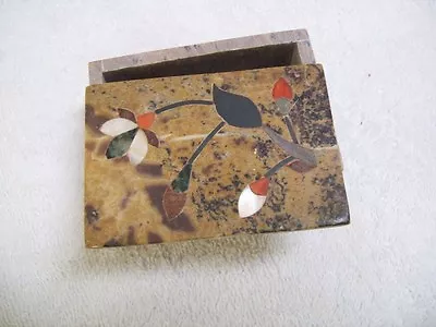Vintage Marble Trinket Box Made In India Brown W/ Floral Inlay Design • $16.50