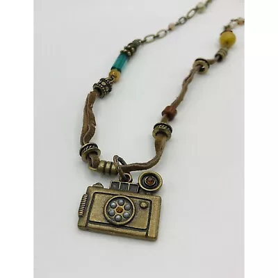 Vintage Camera Necklace On A Brown Cord With Beads 16 Length • $10