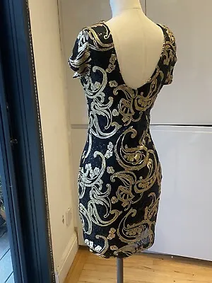 Y2k Size 8 Sass Black Gold Sequin Stretch Jersey Mini Pencil Dress Shoulder Pads • £45