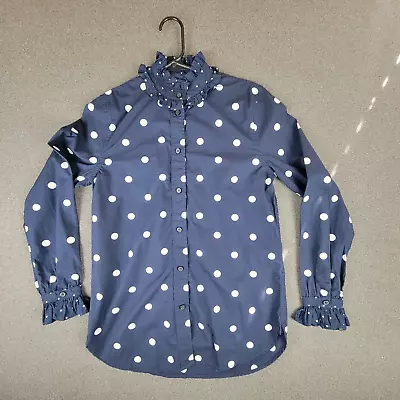 J Crew Size 0 Blue White Mixed Dots Classic Fit Button Ruffle Neck Blouse 1104 • $42.94