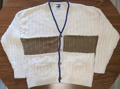 Vtg Tommy Hilfiger Cardigan Knit Varsity Sweater Mens Size M Cable Knit Cream • $65