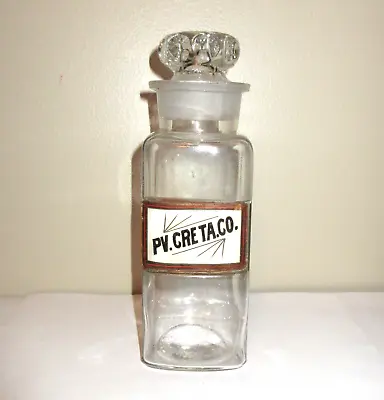 Antique Apothecary Pharmacy Jar Bottle Under Glass Label PV CRE TA CO  8.5 EMPTY • $29.75