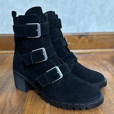 Crown Vintage Asisa Boots Womens Size 8 Suede Black 3-Buckle Side Zip Moto Style • $42