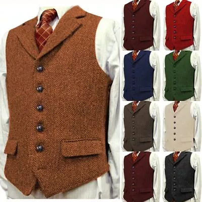 Men Tweed Waistcoat Vest Retro Herringbone Groom Vintage Worwear Herringbone • $34.42
