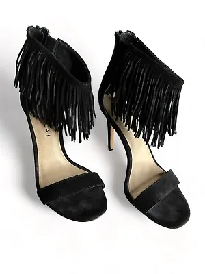 Via Spiga Black Suede Leather Leather Tabia Fringe Ankle Strap Sandals Size 7 • $28