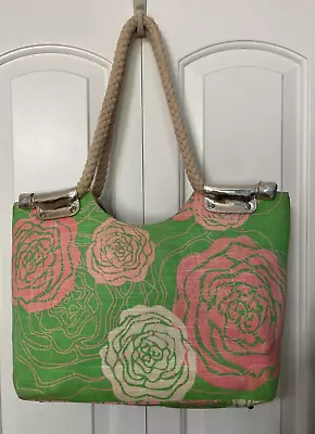 Mud Pie BAG LADY Large Purse TOTE Pink Green Floral Pattern Woven Handles • $14.39