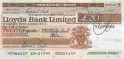 G.B/ Lloyds Bank London 20 Pounds Traveller Cheque 15.4.1981 Circulated Banknote • $5.95