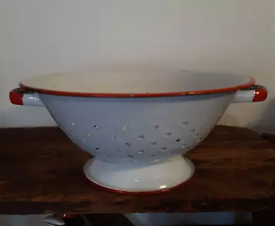 Vintage WHITE With RED EDGE ENAMELWARE COLANDER;  2 Handles • $20