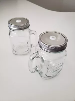 Pair Of Small Glass Mason Jars With Handle And Metal Twist Top For Use W/ Straw • $13.95