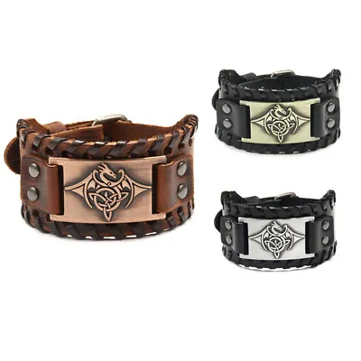 Men's Vintage Norse Viking Dragon Leather Cuff Wristband Bracelet Amulet Gifts • $7.49