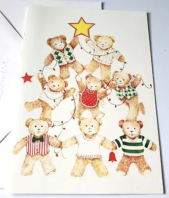 Vintage Christmas Card Cute Bears Making A Pyramid Christmas Tree With Lights • $1.50