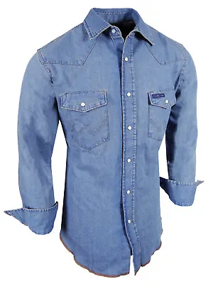 Denim Western Shirt Mens Blue Wash Cotton Snap Pocket Flaps Contrast Stitching • $22.95