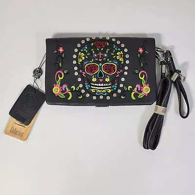 P&G Collection Embroidered Skull Clutch/Crossbody Black Faux Leather Purse NWT • $9.60