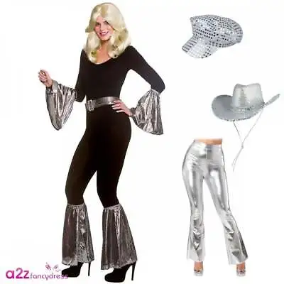 Adult SILVER 70's 80's Retro Flares Leggings Cowgirl Hat Disco Pop Fancy Dress • £26.99