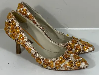 Mojo Moxy Orange Floral  2 3/4 Inch Heel Unique 3D Flowers Prom Wedding Work • $29.99