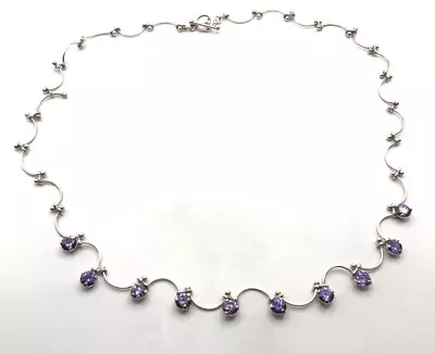 Vintage 925 Sterling Silver Amethyst Stones 18” Curve Link Necklace (11.7 G) • $14.99