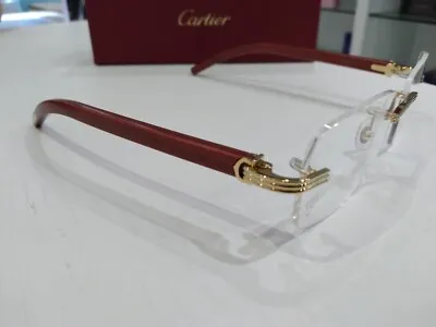 CARTIER New Eyeglasses Rimless Red Wood Gold Burgundy CT0286O-004 56 17 145 • $2163.25