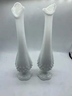 2 Fenton Hobnail Milk Glass Swung Bud Vase Pedestal Vintage MCM Decor White 9” • $24.99