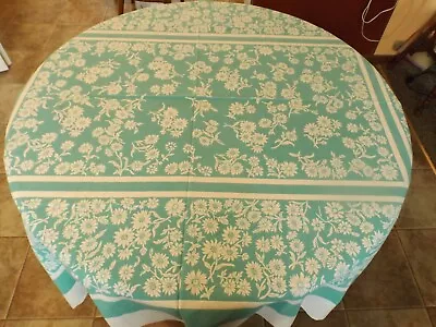 VINTAGE 40s 50s TABLECLOTH HEAVY LINEN FLORAL BLUE Daisy 70X52  • $19.99