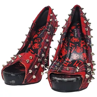 Abby Dawn Avril Lavigne Spiked Peep Toe Heels Size 7 Red Plaid Y2K Womens • $39.99