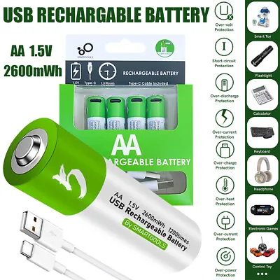 4pack USB AA Rechargeable Lithium Battery 1.5V 2600mAh Fast Charger Type C Cable • £15.99