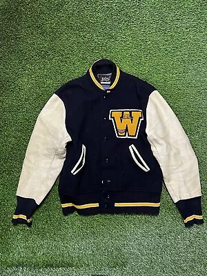 Vintage “M” Whiting Wool Leather Varsity Letterman Football Jacket Size 44 • $42.49