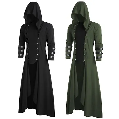 Men's Steampunk Renaissance Hooded PU Leather Jacket Medieval Gothic Frock Coat • $55.43