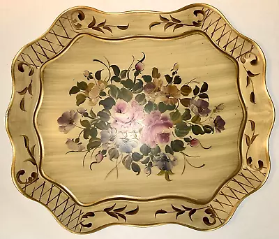Vintage Large Tole Tray Hand Painted Floral Metal Tray Cream 20  X 17  • $24.99