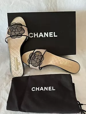 Chanel Camellias Silk Beige Flat Sandals EU 38.5 • $520