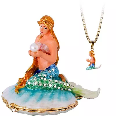 Enameled Mermaid  Secrets  Bejeweled Trinket Box With Hidden Pendant Necklace! • $44.99