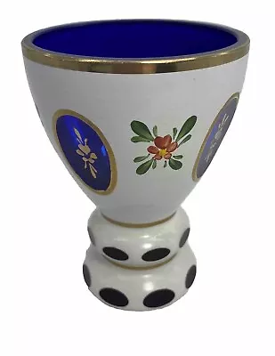 Moser Bohemian Art Cut Glass White And Blue Hand Painted Enameled Vase Gold Tone • $64.97