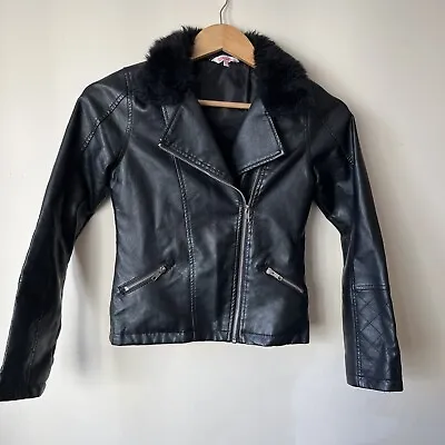 Faux Fur Collar Black Biker Jacket Age 11 • £4.99